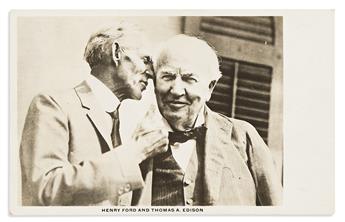 (INVENTORS.) EDISON, THOMAS A.; AND HENRY FORD. Photograph postcard Signed by both (ThosAEdison" and "Henry Ford"), as well as by Orvil